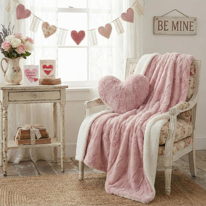Tache Pink Heart Shaped Pillow - Faux Fur White Fleece Valentine's Romantic Super Soft Stuffed Light Blush Dusty Rose Furry Pillow 16x14 Pink Heart Pillow