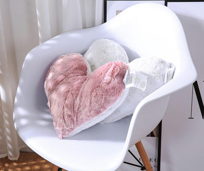 Tache Pink Heart Shaped Pillow - Faux Fur White Fleece Valentine's Romantic Super Soft Stuffed Light Blush Dusty Rose Furry Pillow 16x14 Pink Heart Pillow