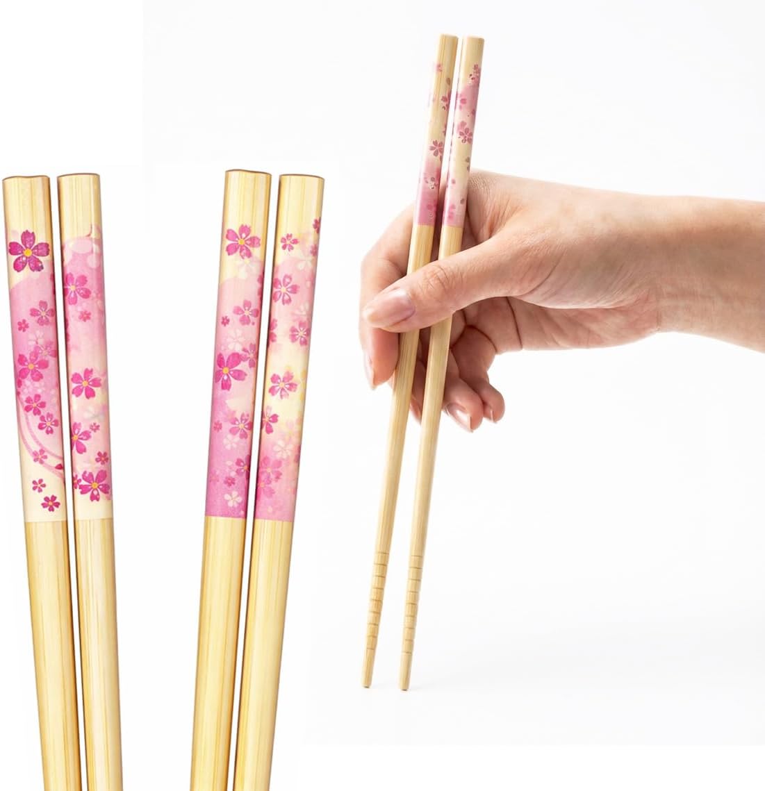 Japanese Sakura Chopsticks Reusable Set with Chopstick Rest Cherry Blossom Design Made in Japan, 8.8 Inch, Dishwasher Safe, Non-Slip Grip, Traditional Bamboo Chopsticks Gift Set, Cherry Blossom Pink