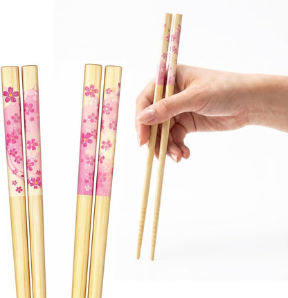 Japanese Sakura Chopsticks Reusable Set with Chopstick Rest Cherry Blossom Design Made in Japan, 8.8 Inch, Dishwasher Safe, Non-Slip Grip, Traditional Bamboo Chopsticks Gift Set, Cherry Blossom Pink