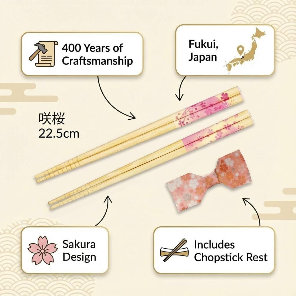 Japanese Sakura Chopsticks Reusable Set with Chopstick Rest Cherry Blossom Design Made in Japan, 8.8 Inch, Dishwasher Safe, Non-Slip Grip, Traditional Bamboo Chopsticks Gift Set, Cherry Blossom Pink