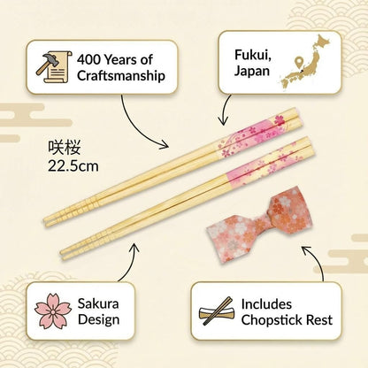 Japanese Sakura Chopsticks Reusable Set with Chopstick Rest Cherry Blossom Design Made in Japan, 8.8 Inch, Dishwasher Safe, Non-Slip Grip, Traditional Bamboo Chopsticks Gift Set, Cherry Blossom Pink