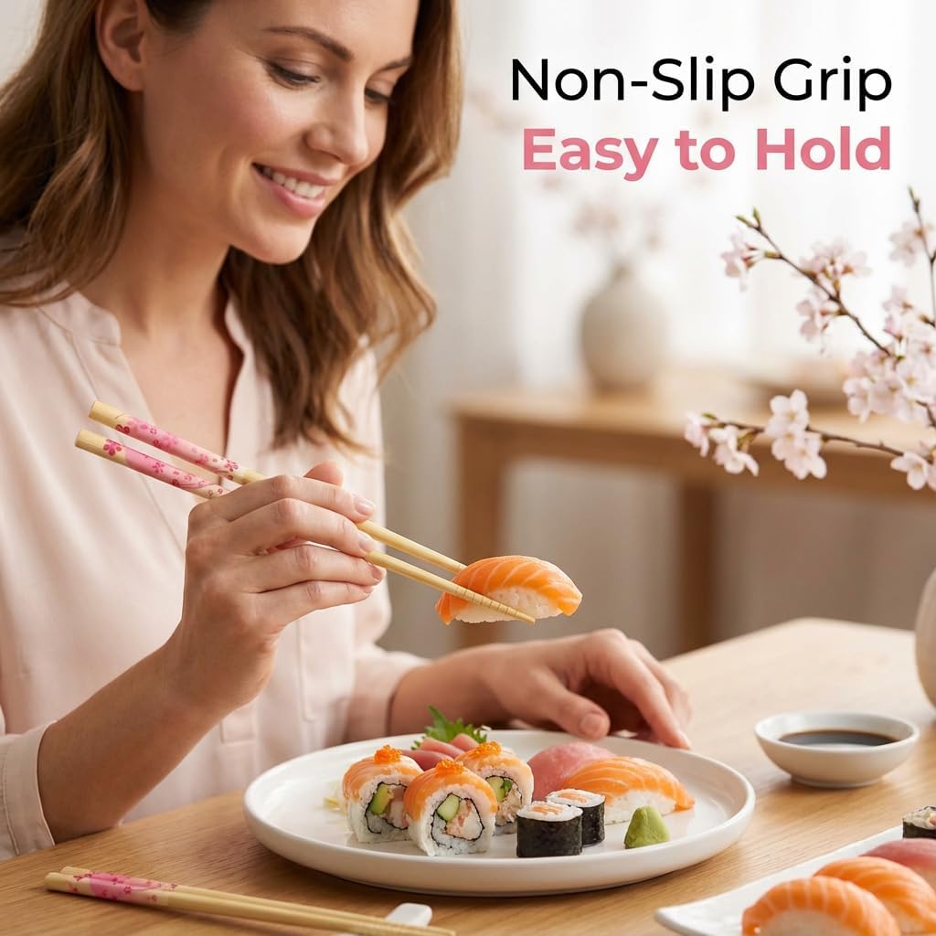Japanese Sakura Chopsticks Reusable Set with Chopstick Rest Cherry Blossom Design Made in Japan, 8.8 Inch, Dishwasher Safe, Non-Slip Grip, Traditional Bamboo Chopsticks Gift Set, Cherry Blossom Pink