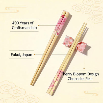 Japanese Sakura Chopsticks Reusable Set with Chopstick Rest Cherry Blossom Design Made in Japan, 8.8 Inch, Dishwasher Safe, Non-Slip Grip, Traditional Bamboo Chopsticks Gift Set, Cherry Blossom Pink