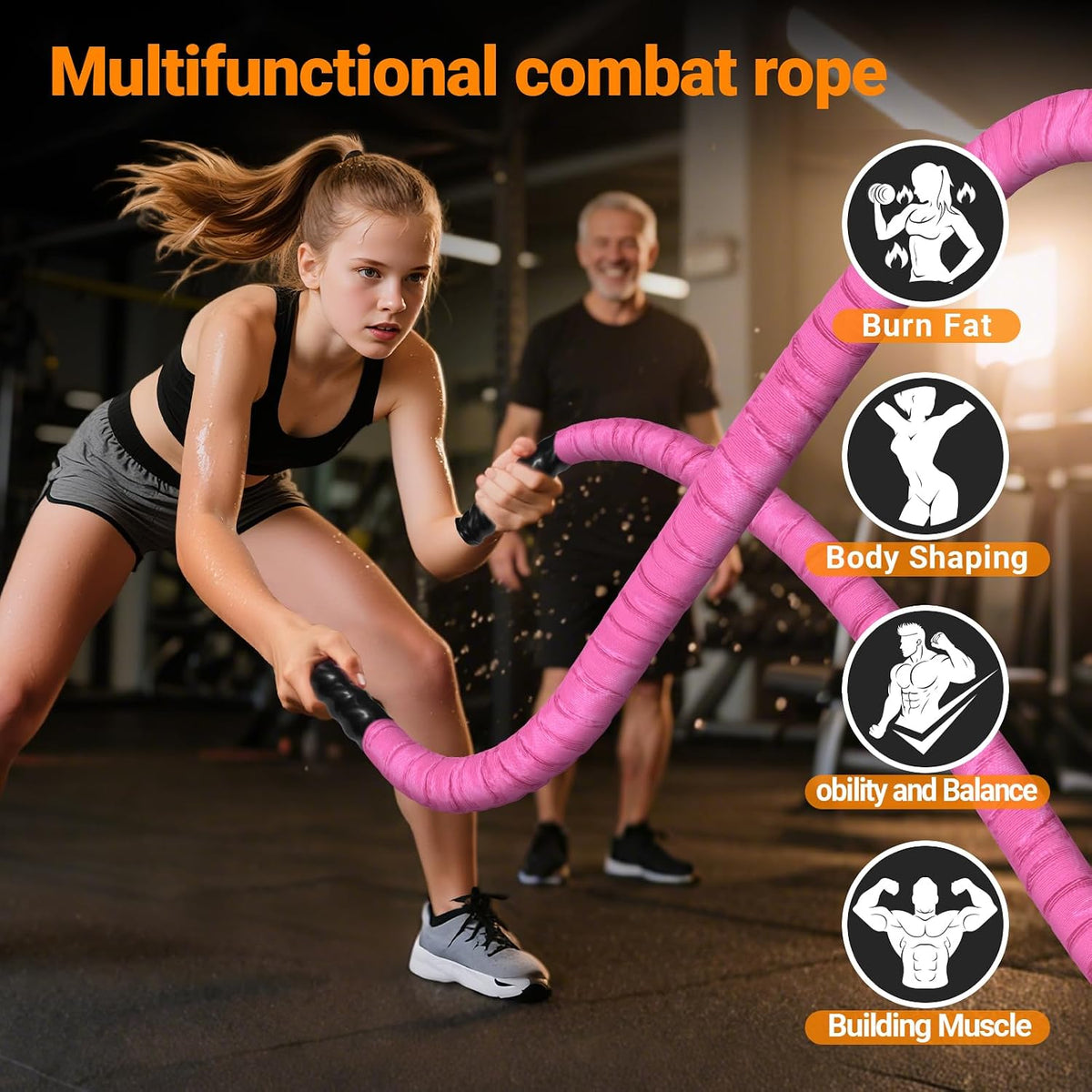 Battle Ropes for Home Gym 1 Inch Diameter 30FT Length Workout Rope Exercise Rope Training Ropes with Protective Sleeve for Kids Men Women Exercise Fitness & Strength Training-Pink