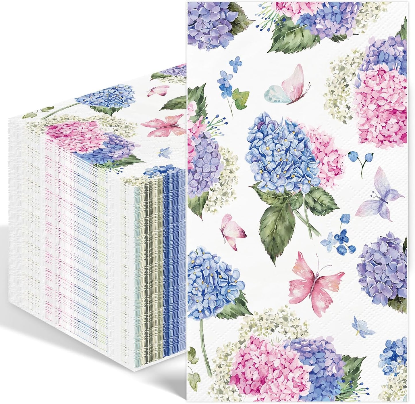 100PCS Hydrangea Paper Napkins 3 Ply Disposable Hand Towels for Bathroom Pink Purple Butterfly Flowers Guest Napkins Decorative Dinner Napkins for Wedding Birthday Spring Summer Tea Party