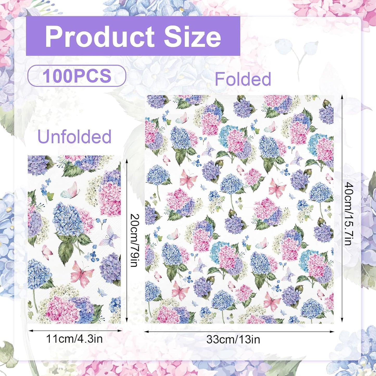 100PCS Hydrangea Paper Napkins 3 Ply Disposable Hand Towels for Bathroom Pink Purple Butterfly Flowers Guest Napkins Decorative Dinner Napkins for Wedding Birthday Spring Summer Tea Party