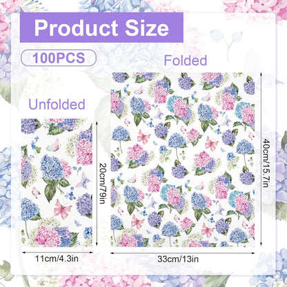 100PCS Hydrangea Paper Napkins 3 Ply Disposable Hand Towels for Bathroom Pink Purple Butterfly Flowers Guest Napkins Decorative Dinner Napkins for Wedding Birthday Spring Summer Tea Party