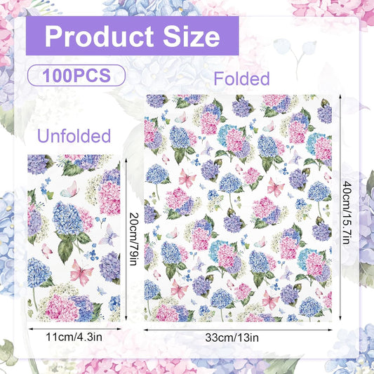 100PCS Hydrangea Paper Napkins 3 Ply Disposable Hand Towels for Bathroom Pink Purple Butterfly Flowers Guest Napkins Decorative Dinner Napkins for Wedding Birthday Spring Summer Tea Party
