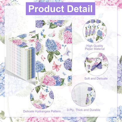 100PCS Hydrangea Paper Napkins 3 Ply Disposable Hand Towels for Bathroom Pink Purple Butterfly Flowers Guest Napkins Decorative Dinner Napkins for Wedding Birthday Spring Summer Tea Party