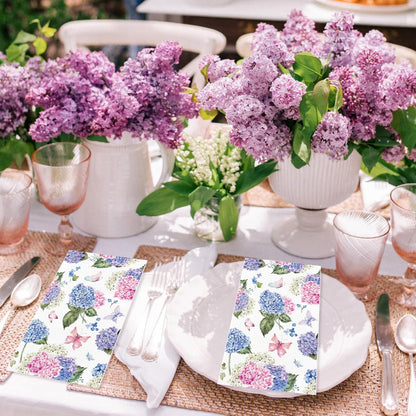 100PCS Hydrangea Paper Napkins 3 Ply Disposable Hand Towels for Bathroom Pink Purple Butterfly Flowers Guest Napkins Decorative Dinner Napkins for Wedding Birthday Spring Summer Tea Party
