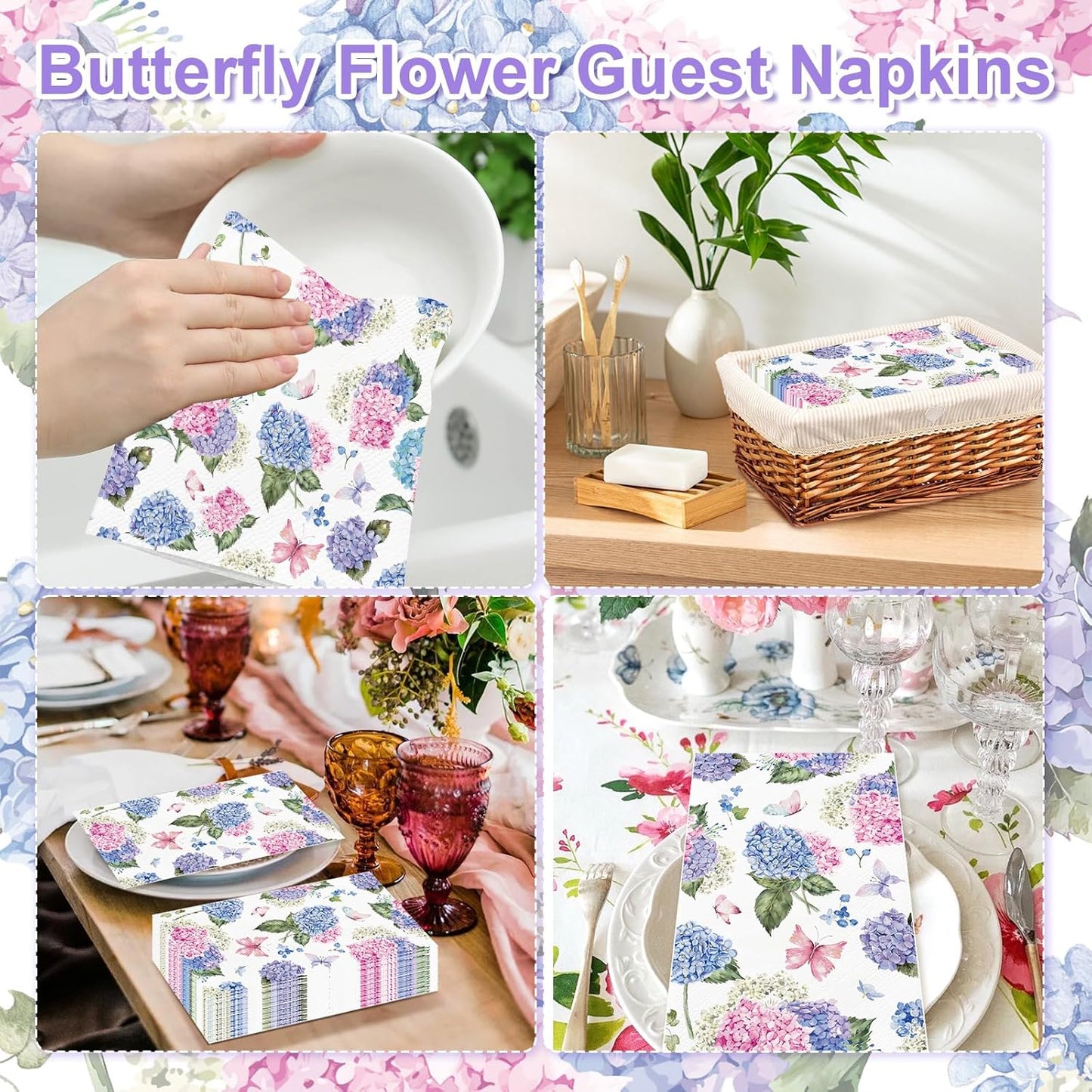 100PCS Hydrangea Paper Napkins 3 Ply Disposable Hand Towels for Bathroom Pink Purple Butterfly Flowers Guest Napkins Decorative Dinner Napkins for Wedding Birthday Spring Summer Tea Party