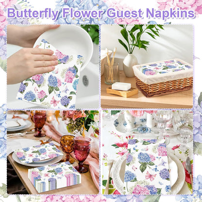 100PCS Hydrangea Paper Napkins 3 Ply Disposable Hand Towels for Bathroom Pink Purple Butterfly Flowers Guest Napkins Decorative Dinner Napkins for Wedding Birthday Spring Summer Tea Party