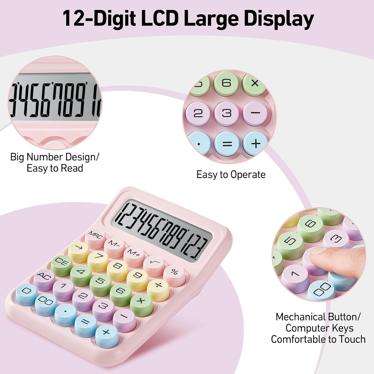 Mechanical Calculator, Cute Pink Desk Calculator, Large Buttons