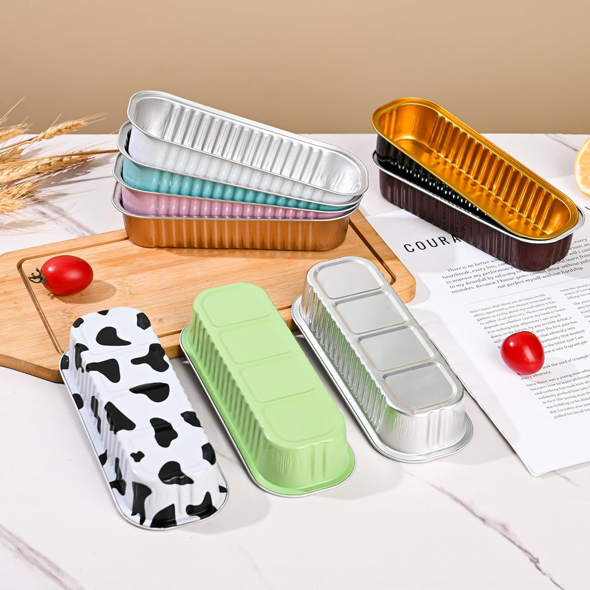Mini Loaf Baking Pans with Lids and Spoons (50 Pack, 6.8oz) Rectangle Aluminum Foil Baking Pans Tins Containers - Cupcake Containers Wrappers Cheesecake Creme Brulee Ramekins