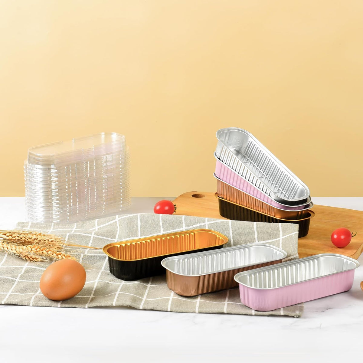 Mini Loaf Baking Pans with Lids and Spoons (50 Pack, 6.8oz) Rectangle Aluminum Foil Baking Pans Tins Containers - Cupcake Containers Wrappers Cheesecake Creme Brulee Ramekins