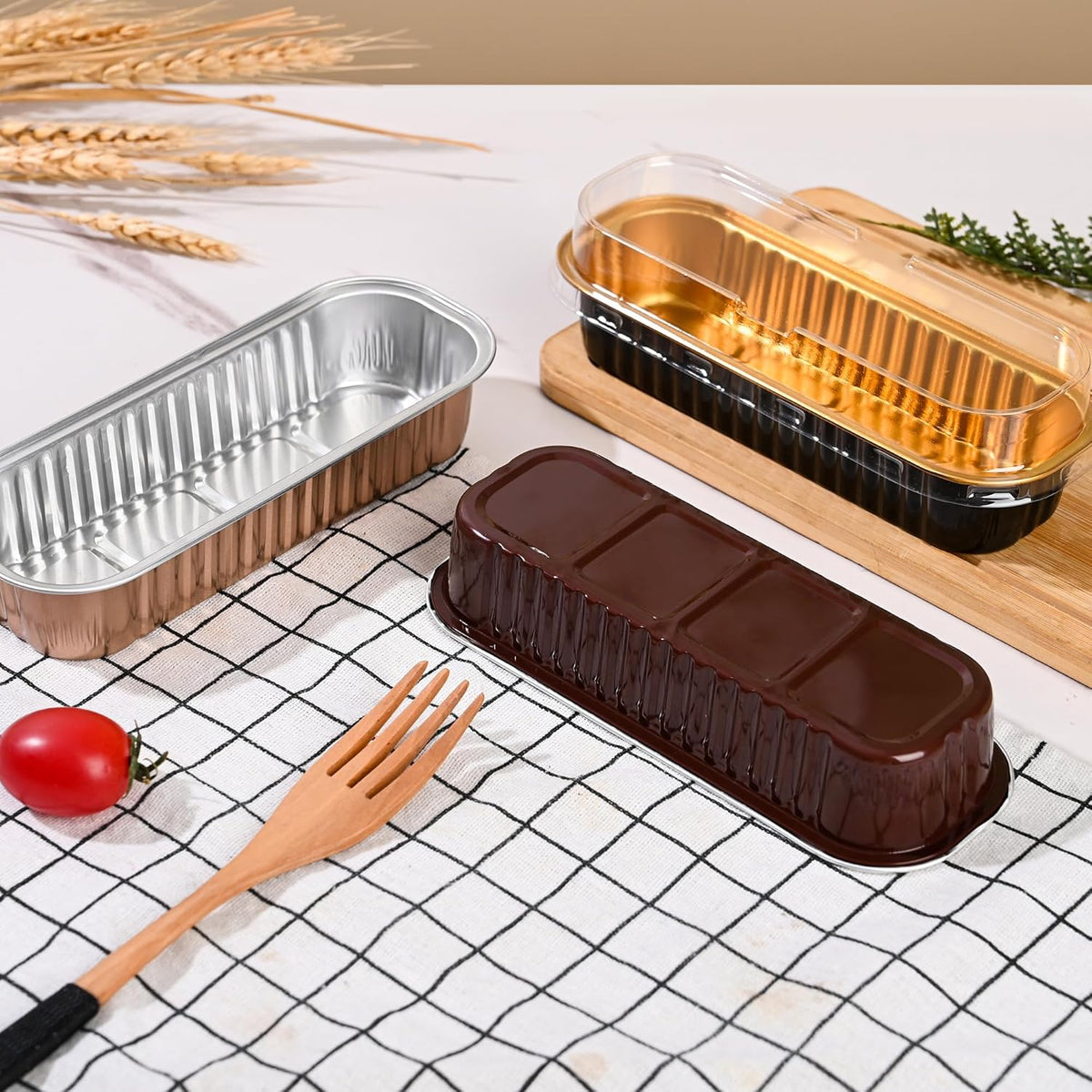 Mini Loaf Baking Pans with Lids and Spoons (50 Pack, 6.8oz) Rectangle Aluminum Foil Baking Pans Tins Containers - Cupcake Containers Wrappers Cheesecake Creme Brulee Ramekins