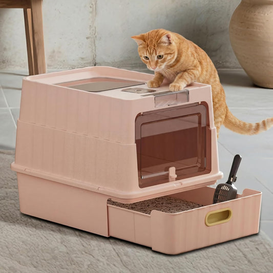 LeTinn Extra Large Cat Litter Box, Front Pull Drawer & Top Flip Lid, Anti Odor Anti Tracking Enclosed Litter Pan with Scoop, Easy Clean Pet Toilet for Big Cats Multi Cat Families, Pink