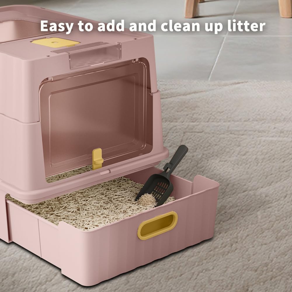 LeTinn Extra Large Cat Litter Box, Front Pull Drawer & Top Flip Lid, Anti Odor Anti Tracking Enclosed Litter Pan with Scoop, Easy Clean Pet Toilet for Big Cats Multi Cat Families, Pink