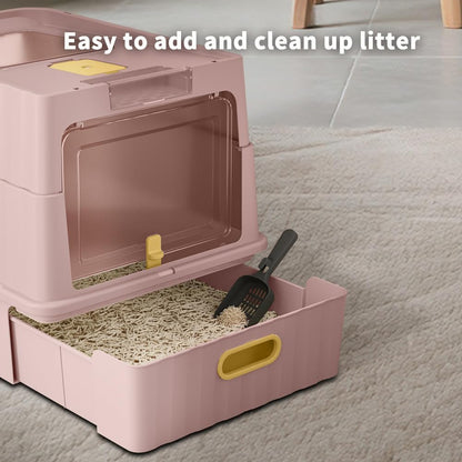 LeTinn Extra Large Cat Litter Box, Front Pull Drawer & Top Flip Lid, Anti Odor Anti Tracking Enclosed Litter Pan with Scoop, Easy Clean Pet Toilet for Big Cats Multi Cat Families, Pink