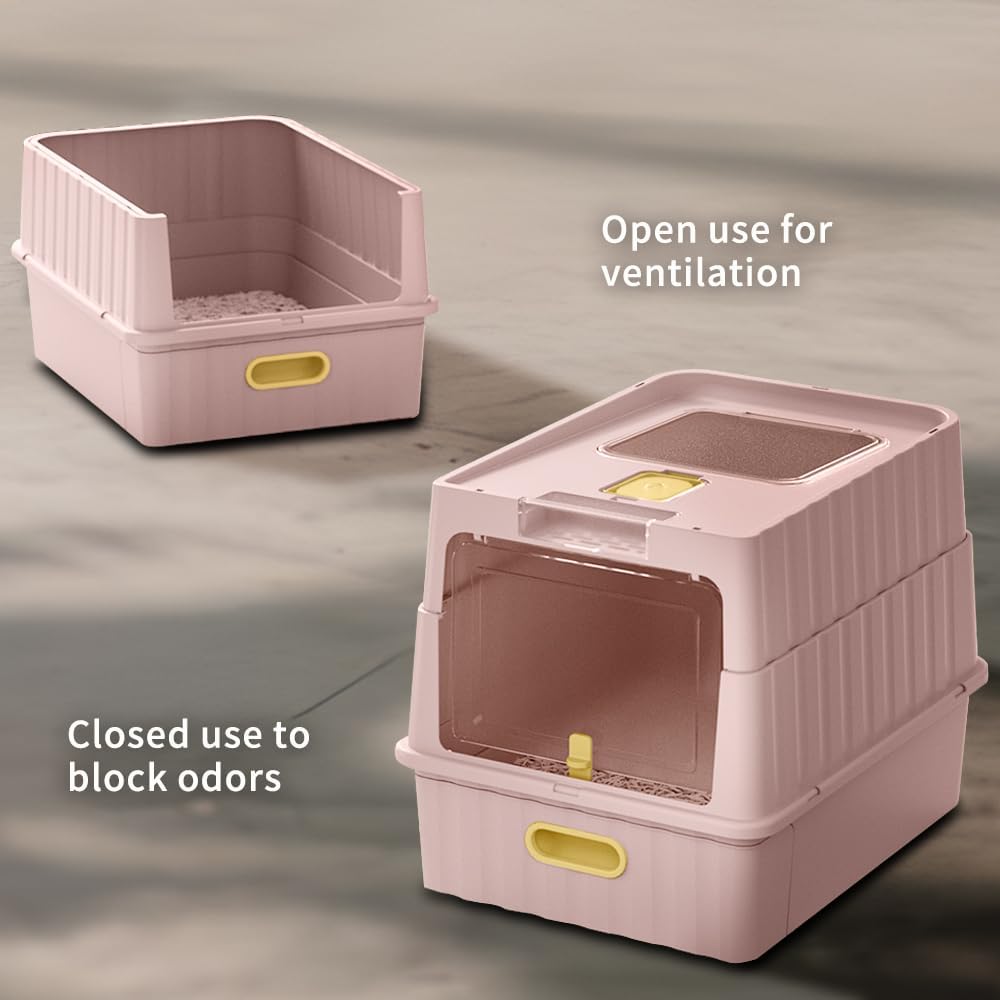 LeTinn Extra Large Cat Litter Box, Front Pull Drawer & Top Flip Lid, Anti Odor Anti Tracking Enclosed Litter Pan with Scoop, Easy Clean Pet Toilet for Big Cats Multi Cat Families, Pink