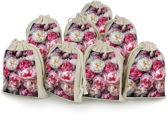 8-Pack Peach And White Peonies Drawstring Gift Bags Cotton Linen Party Favors Bags for Decorated Event Favors