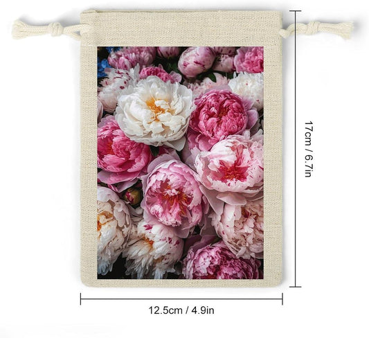 8-Pack Peach And White Peonies Drawstring Gift Bags Cotton Linen Party Favors Bags for Decorated Event Favors