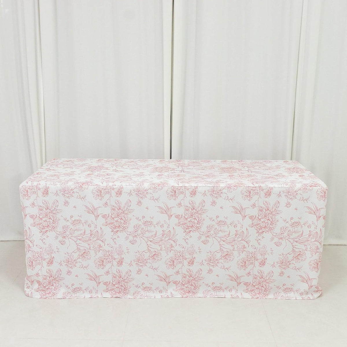 French Toile Fitted Polyester Tablecloth 6ft – Pink & White Rectangular Wrinkle-Resistant Table Cover