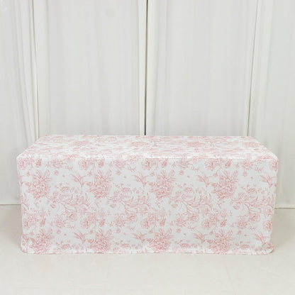 French Toile Fitted Polyester Tablecloth 6ft – Pink & White Rectangular Wrinkle-Resistant Table Cover