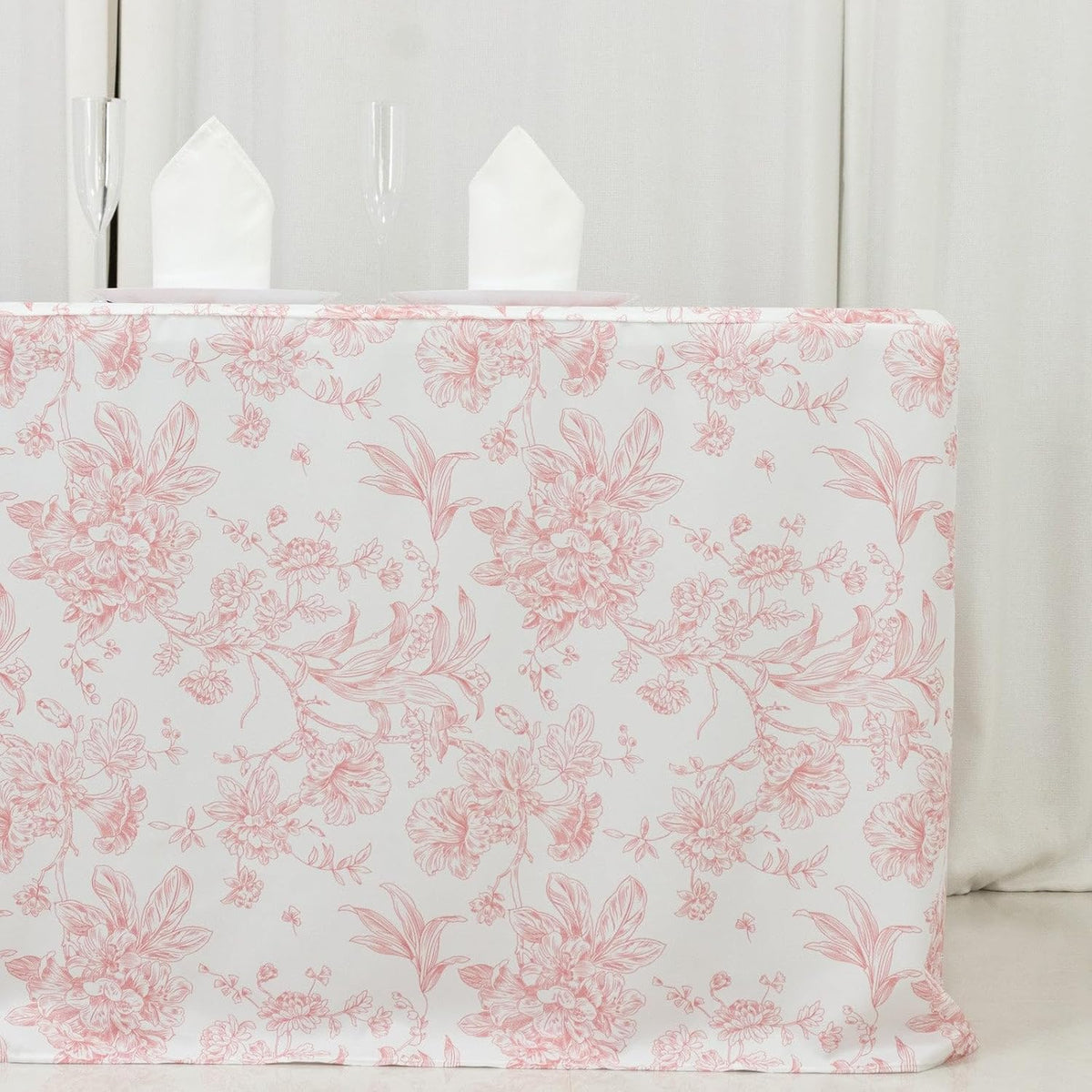 French Toile Fitted Polyester Tablecloth 6ft – Pink & White Rectangular Wrinkle-Resistant Table Cover