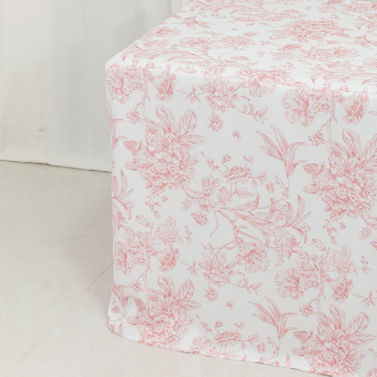 French Toile Fitted Polyester Tablecloth 6ft – Pink & White Rectangular Wrinkle-Resistant Table Cover