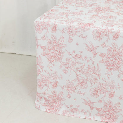 French Toile Fitted Polyester Tablecloth 6ft – Pink & White Rectangular Wrinkle-Resistant Table Cover