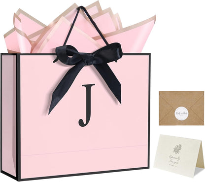 Personalized Initial Paper Bag for Women Grils,Monogrammed Gift Bag with Bow Ribbon,Wrapping Tissue and Card Matching Envelope Sticker (Pink, J-Medium)