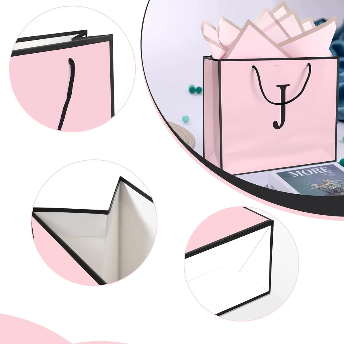 Personalized Initial Paper Bag for Women Grils,Monogrammed Gift Bag with Bow Ribbon,Wrapping Tissue and Card Matching Envelope Sticker (Pink, J-Medium)