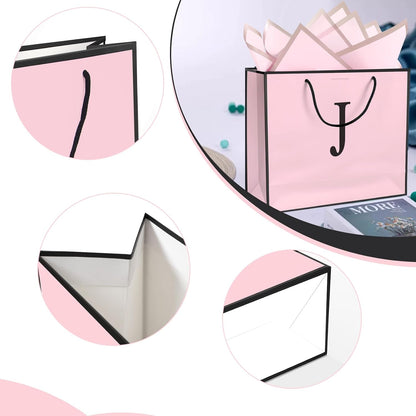 Personalized Initial Paper Bag for Women Grils,Monogrammed Gift Bag with Bow Ribbon,Wrapping Tissue and Card Matching Envelope Sticker (Pink, J-Medium)