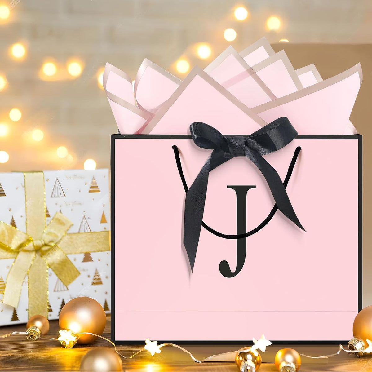 Personalized Initial Paper Bag for Women Grils,Monogrammed Gift Bag with Bow Ribbon,Wrapping Tissue and Card Matching Envelope Sticker (Pink, J-Medium)