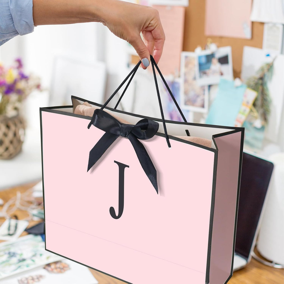 Personalized Initial Paper Bag for Women Grils,Monogrammed Gift Bag with Bow Ribbon,Wrapping Tissue and Card Matching Envelope Sticker (Pink, J-Medium)
