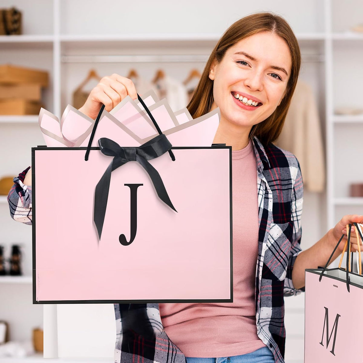 Personalized Initial Paper Bag for Women Grils,Monogrammed Gift Bag with Bow Ribbon,Wrapping Tissue and Card Matching Envelope Sticker (Pink, J-Medium)