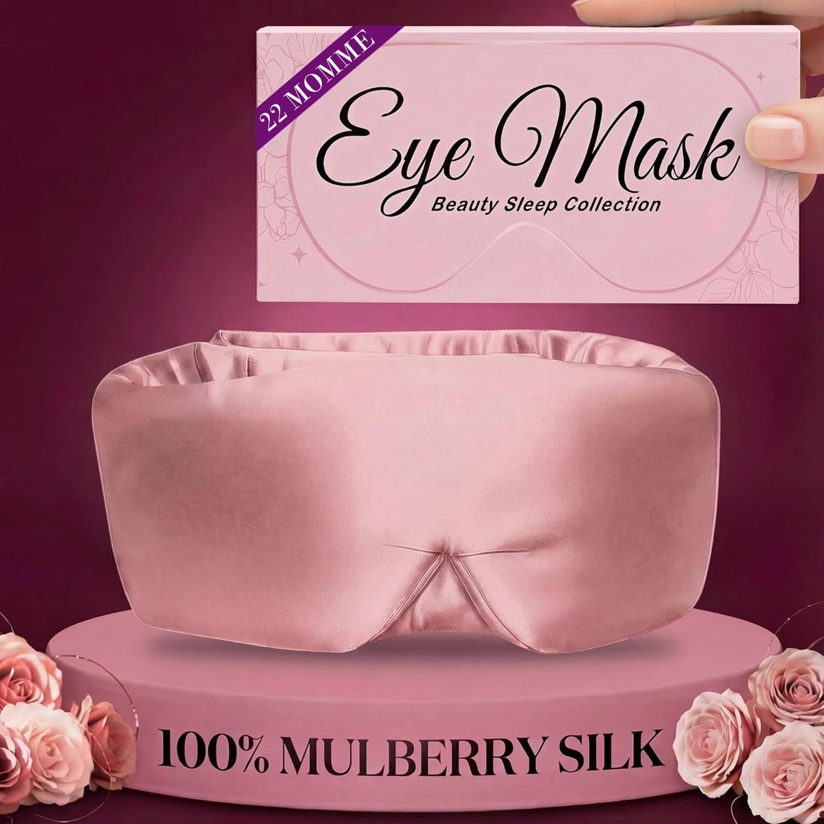 100% Pure Mulberry Silk Sleep Mask - 22 Momme Light Blocking Hook & Loop Silk Eye Mask for Sleeping - Secure Fit for Side Sleepers, Women & Men - Cloud Soft (Pink)