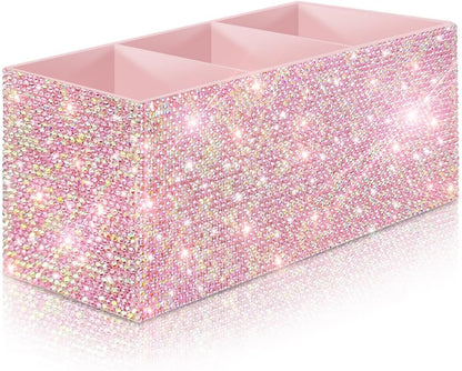 Bling Makeup Brush Holder Organizer, 3 Slot Sparkle Cosmetics Brushes Storage Holders with Shiny Rhinestones, Glitter Cute Pen and Pencil Holder for Desk, Eyeliners Display Case for Vanity（Pink）