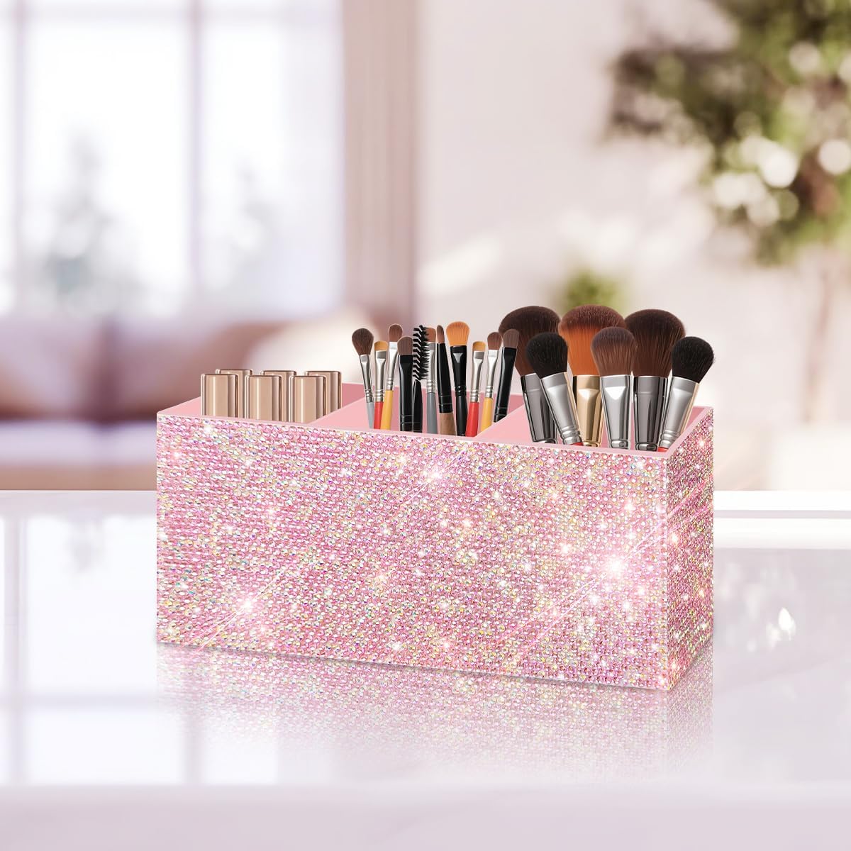 Bling Makeup Brush Holder Organizer, 3 Slot Sparkle Cosmetics Brushes Storage Holders with Shiny Rhinestones, Glitter Cute Pen and Pencil Holder for Desk, Eyeliners Display Case for Vanity（Pink）