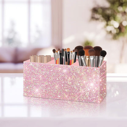 Bling Makeup Brush Holder Organizer, 3 Slot Sparkle Cosmetics Brushes Storage Holders with Shiny Rhinestones, Glitter Cute Pen and Pencil Holder for Desk, Eyeliners Display Case for Vanity（Pink）