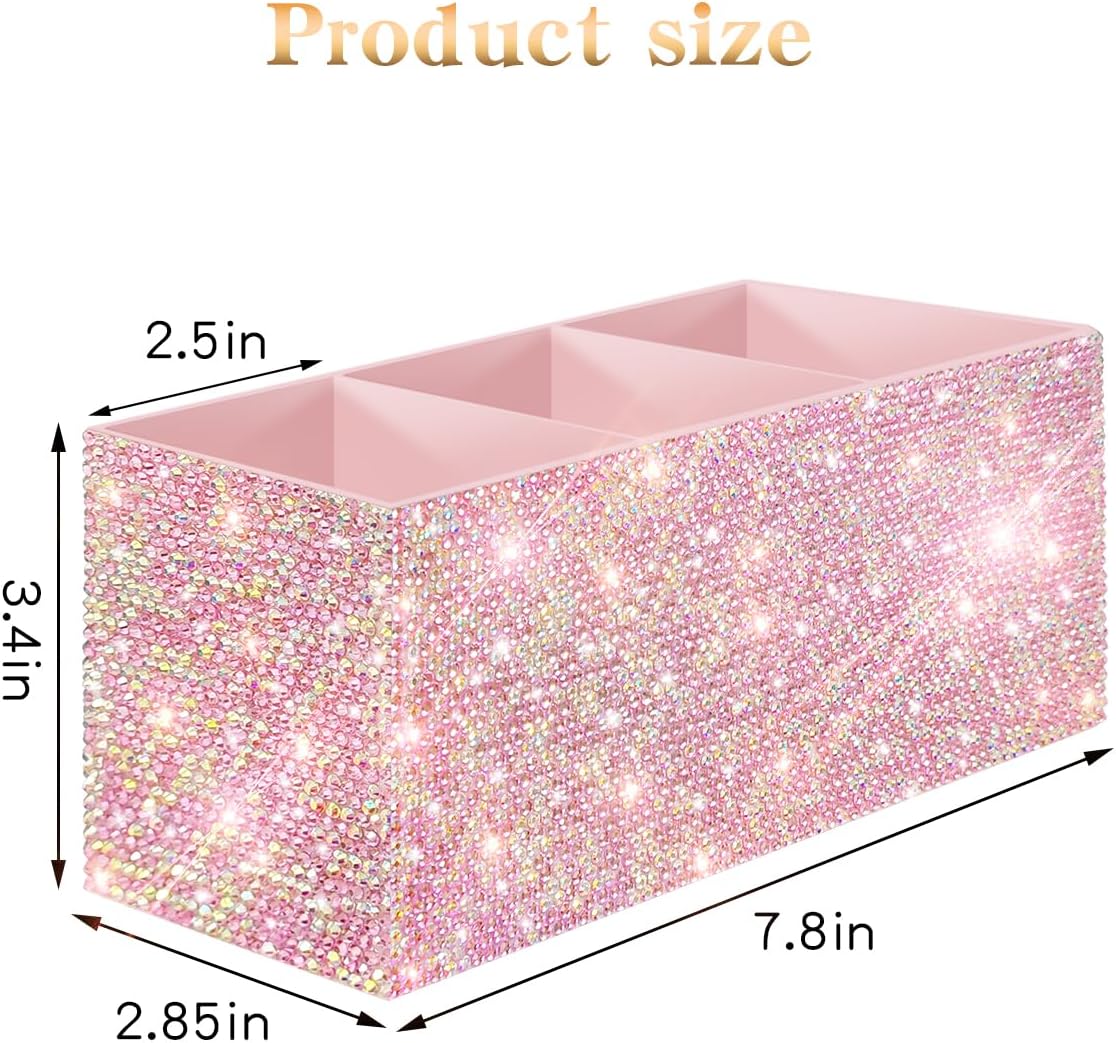 Bling Makeup Brush Holder Organizer, 3 Slot Sparkle Cosmetics Brushes Storage Holders with Shiny Rhinestones, Glitter Cute Pen and Pencil Holder for Desk, Eyeliners Display Case for Vanity（Pink）