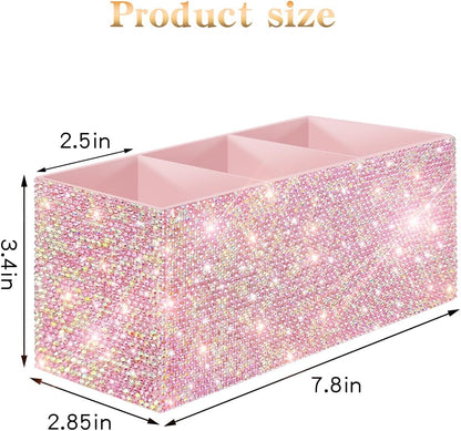 Bling Makeup Brush Holder Organizer, 3 Slot Sparkle Cosmetics Brushes Storage Holders with Shiny Rhinestones, Glitter Cute Pen and Pencil Holder for Desk, Eyeliners Display Case for Vanity（Pink）