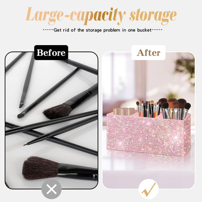 Bling Makeup Brush Holder Organizer, 3 Slot Sparkle Cosmetics Brushes Storage Holders with Shiny Rhinestones, Glitter Cute Pen and Pencil Holder for Desk, Eyeliners Display Case for Vanity（Pink）