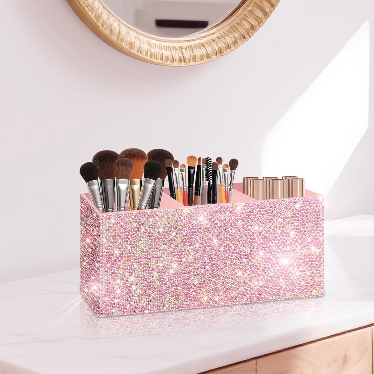 Bling Makeup Brush Holder Organizer, 3 Slot Sparkle Cosmetics Brushes Storage Holders with Shiny Rhinestones, Glitter Cute Pen and Pencil Holder for Desk, Eyeliners Display Case for Vanity（Pink）