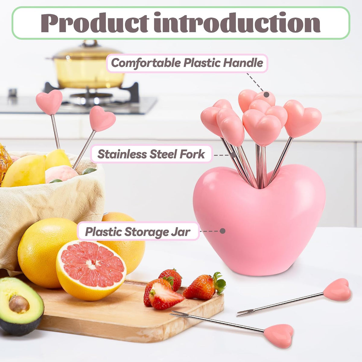 Set of 10 Stainless Steel Fruit forks and 1 Pink Love Holder, Fruit Forks Salad Forks Food Picks