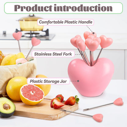 Set of 10 Stainless Steel Fruit forks and 1 Pink Love Holder, Fruit Forks Salad Forks Food Picks