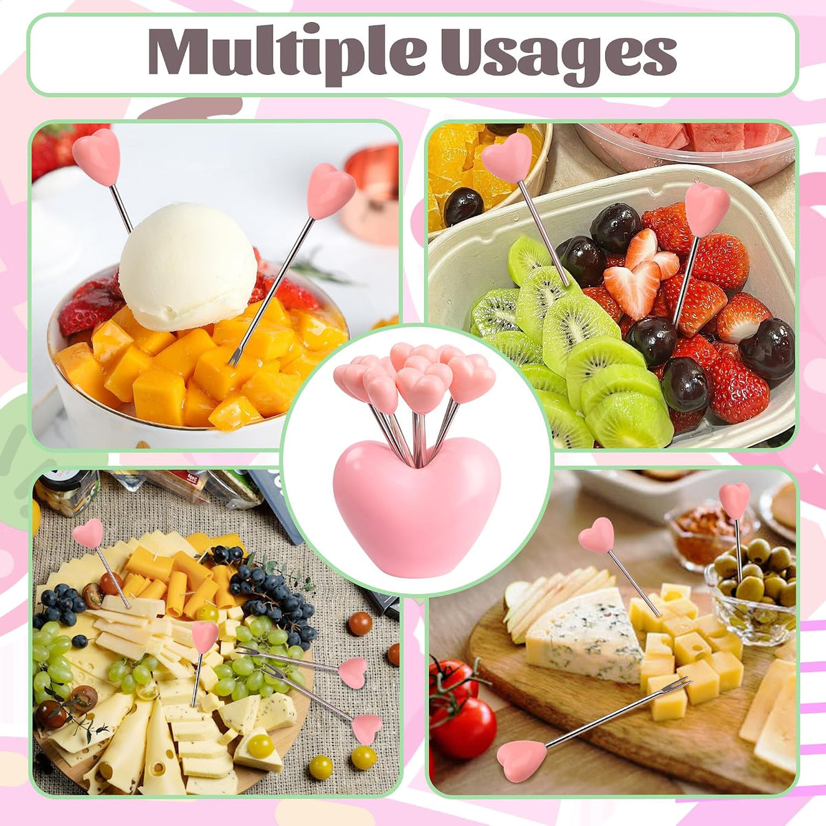 Set of 10 Stainless Steel Fruit forks and 1 Pink Love Holder, Fruit Forks Salad Forks Food Picks
