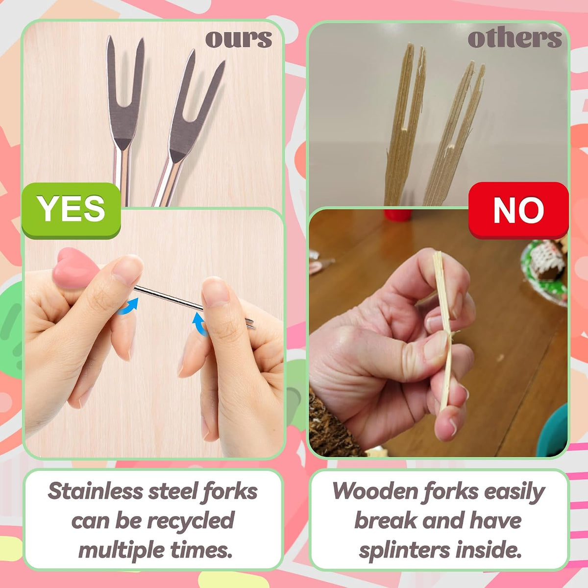 Set of 10 Stainless Steel Fruit forks and 1 Pink Love Holder, Fruit Forks Salad Forks Food Picks